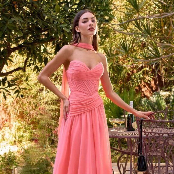 New Strapless Coral Bridesmaid Dress w/ Pleated Draping & Corset Bodice CD395 - Picture 4 of 10